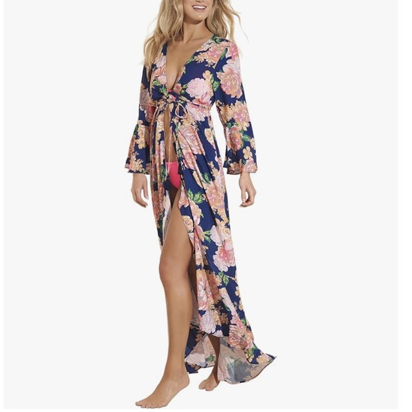Maaji Other - Maaji Navy Floral Long Tie-Front Swim Coverup